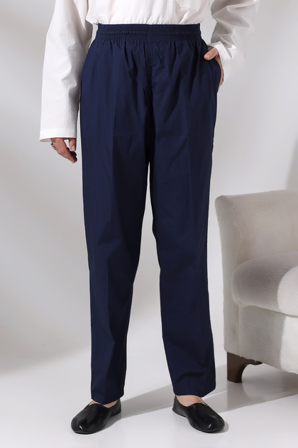 Men's Navy Blue Çınar Relaxed Cut Elastic Waist Hajj and Umrah Linen Shalwar Trousers
