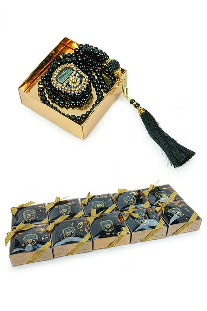 10 Pieces of Special Ribbon Decorated Boxed Pearl Prayer Beads with Stones Zikirmatik Mevlüt Gift Black
