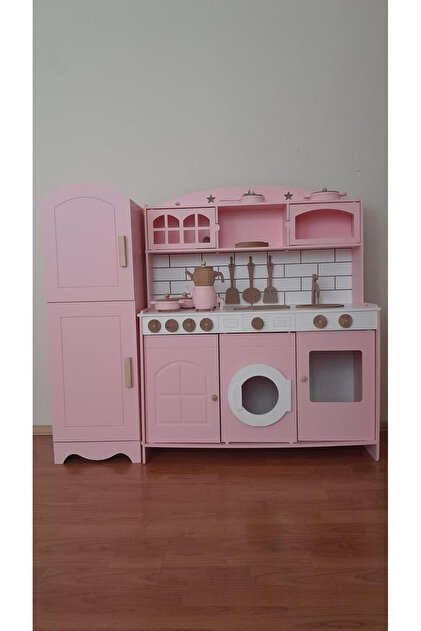 Özka Hobi Ahşap Özka Hobi Pembe Buzdolaplı 7 Adet Mutfak Seti