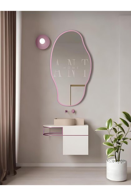 Asimetrik 75x40 Cm Konsol Aynası, Dresuar Aynası, Tuvalet Aynası, Holl Aynası, Banyo Aynası Pembe