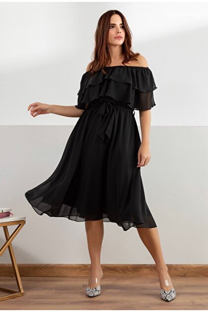 Novin Evening Dress, Evening Dress Women's Ballerina Collar Plus Size Midi  Length Sleeveless Black Chiffon Dress- Trendyol