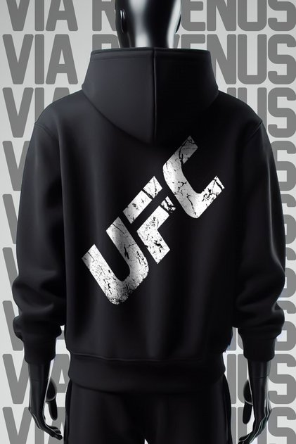 Ufc Front and Back Printed 3 Thread Wide Fit Black Hooded Sweatshirt