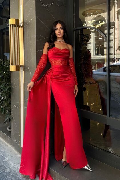 Sheer and Sleeve Detail Embellished Elegant Satin Design Evening Dress