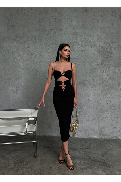 chest cut out dress Serena, Long sleeve chest cutout bodycon midi dress