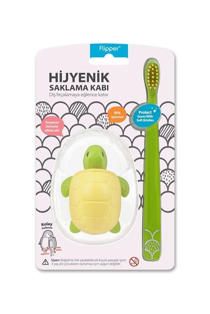 Hygienic Fun Animal Storage Container and Children's Toothbrush Set - Turtle Figure