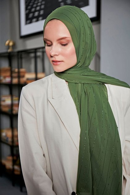 Arya Chiffon Pompom Striped Shawl - Khaki -