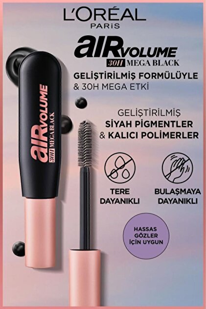 Mascara L'Oréal Mega Air Volume - Noir, Tenue 30H, Neuf, Fabriqué En Italie