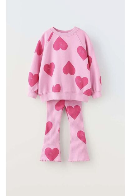 Girl's Heart Patterned Cotton Sweatshirt Tights Bottom-Top Set Pink Color