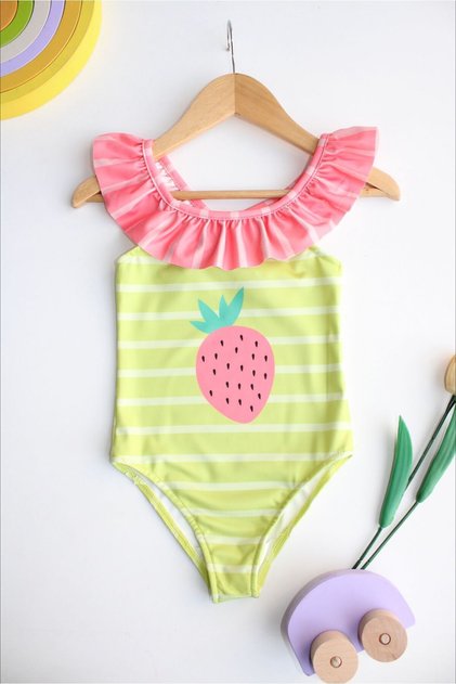 Girl's Strawberry Pattern Ruffle Collar Green Striped Pink Detailed Swimsuit New Season