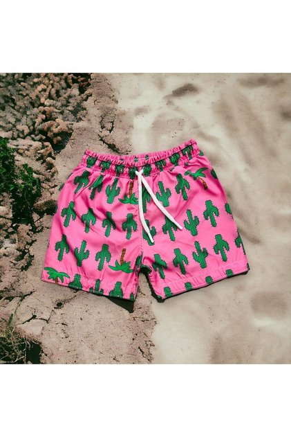 New Season Boy's Cactus Printed Pink Green Color Lace Up Shorts Swimsuit Mesh Full / Regular Fit