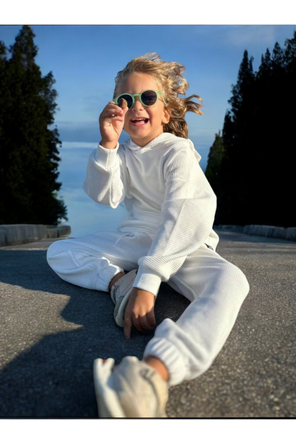 New Season Honeycomb/Waffle Fabric Oversize Hooded Top and Bottom Tracksuit Set White Color
