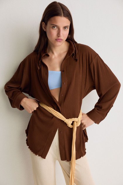 Brown Pleated Knitted Shirt