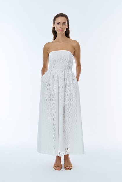 Eyelet Embroidery Detail Strapless Midi Dress, Ecru