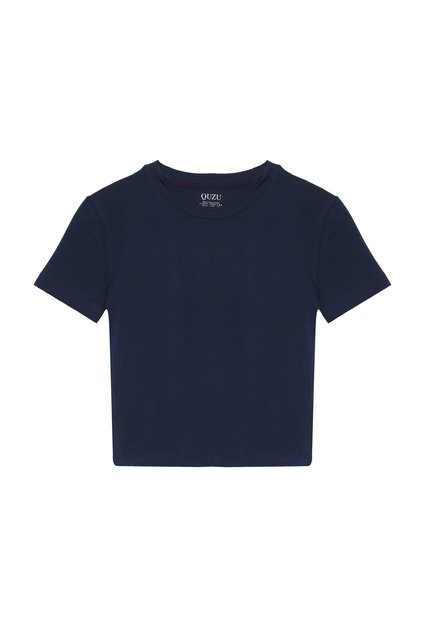 Short Sleeve Basic Crop T-Shirt Navy Blue