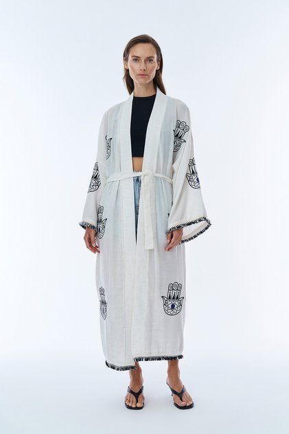 Embroidery Detailed Long Linen Kimono Natural