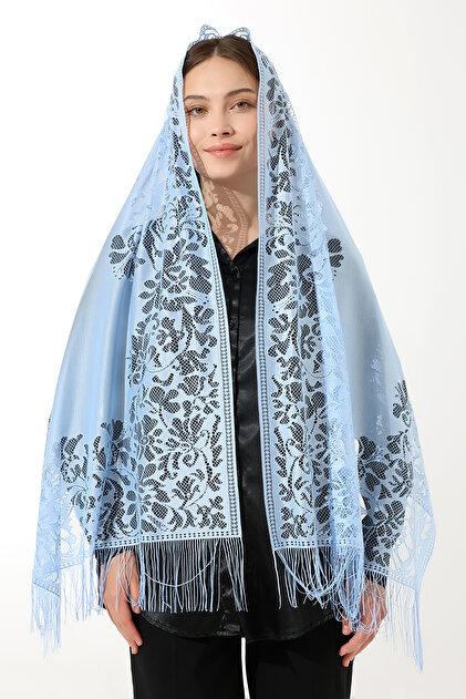 Light Blue Tasseled Tulle Shawl Mevlüt Coverlet
