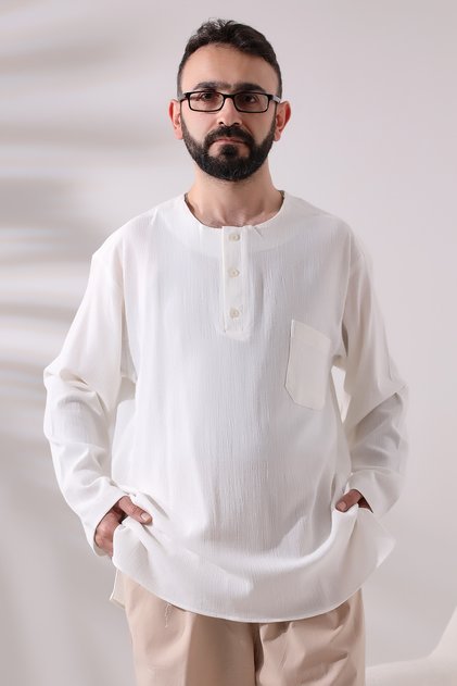 Cream Men's Relaxed Fit 3-Button Zero Collar Hajj and Umrah Şile Cloth Shirt