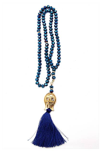 Tulip Patterned Tasseled 99-Piece Crystal Hajj Umrah Gift Prayer Beads - 8mm Navy Blue