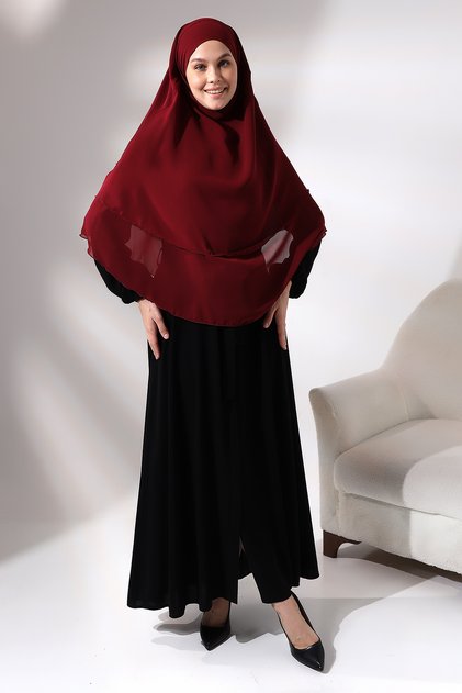 Claret Red Veiled Chiffon Hijab Souffle Scarf - Three-Layer Short Design
