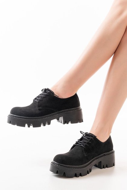 868-754 Black Suede Lace-Up Daily High-Sole Loafer Shoes