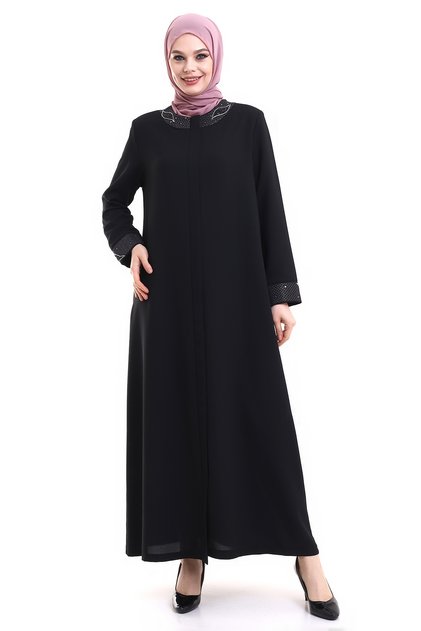 Collar and Sleeve Jewelled Hijab Ferace 23300-23 Black