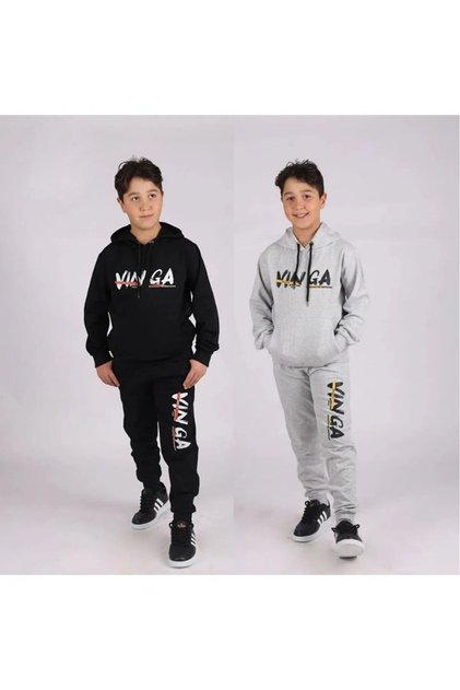 2-Piece Vın Ga Text Detailed Hooded and Kangaroo Pocket Boys' Tracksuit Set