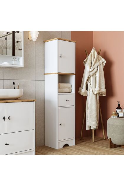 Banyo Dolabı Mdf 155 X 35 Cm Çekmeceli Banyo Boy Dolabı Mat Beyaz