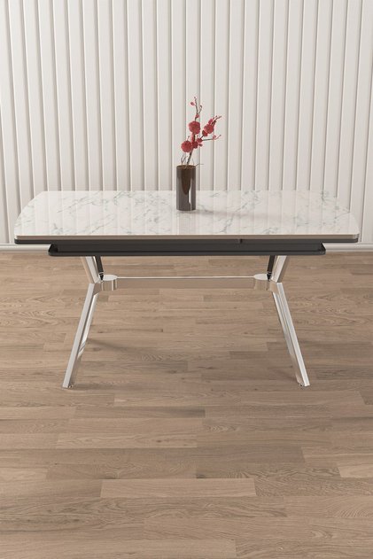 Sim Serisi 90 X 150 Açılabilir Lak Panel Beyaz Mermer Desen Masa Krom Ayak