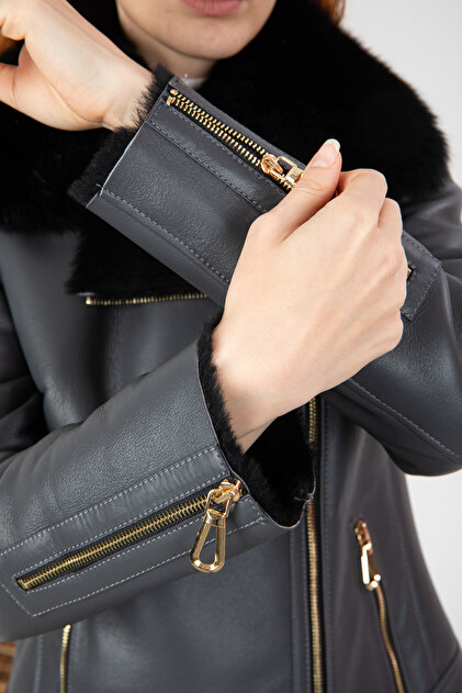 M M Marki Marki Black Anthracite Fur Leather Jacket - Women's