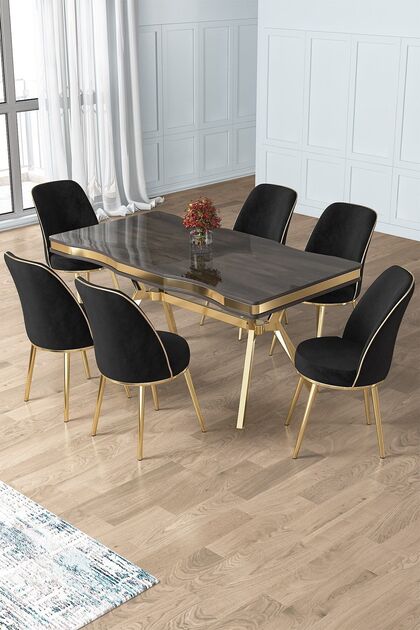 Prah Serisi 90x160 Lak Panel Antrasit Ironi Gold Ayak Masa Takımı 6 Siyah Sandalye