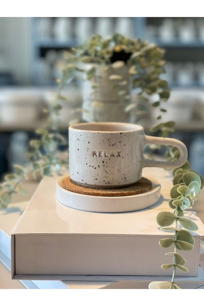 Relax yazılı el yapımı seramik kahve kupası