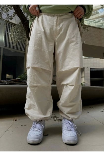 Paraşüt Tarzı Krem Baggy Jean Yazlık Kumaş Paça Lastikli
