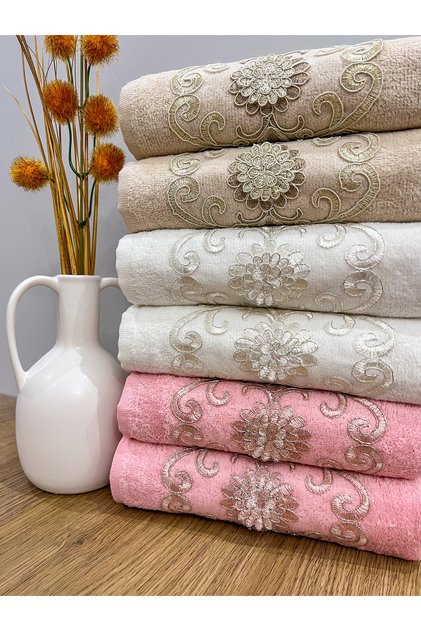 French Guipure Embroidered Patterned Luxury Dowry Set 50x90 Set of 6 Hand and Face Towels