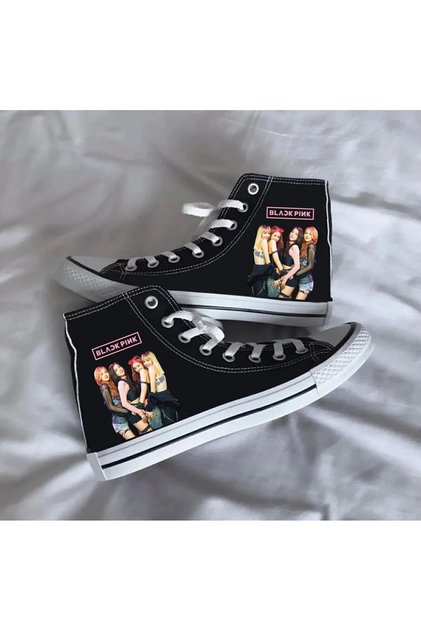 Black Pink Printed Black High Top Sports Shoes Kids Sneakers Blackpink