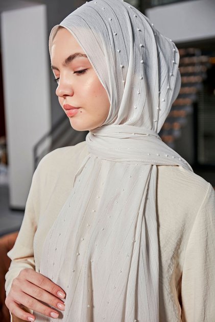 Arya Chiffon Pompom Striped Shawl - Stone Color -