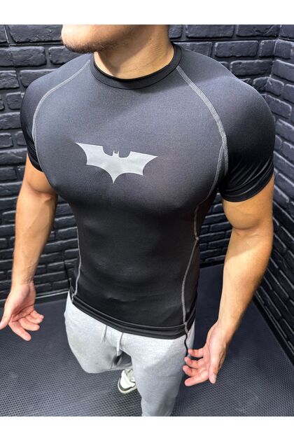YHM Erkek Compression Tişört Siyah Reflektör Batman Baskılı Spor