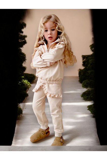 Girl's new season stone color ruffle sleeve collar zippered top and bottom set