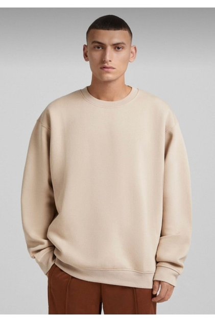 Unisex Beige Front Printed Oversize Thick Three Thread Raised Crew Neck Sweatshir