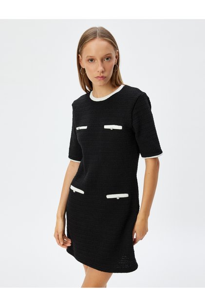 Mini Knitted Dress Short Sleeve Crew Neck Pocket Detailed Textured Bias