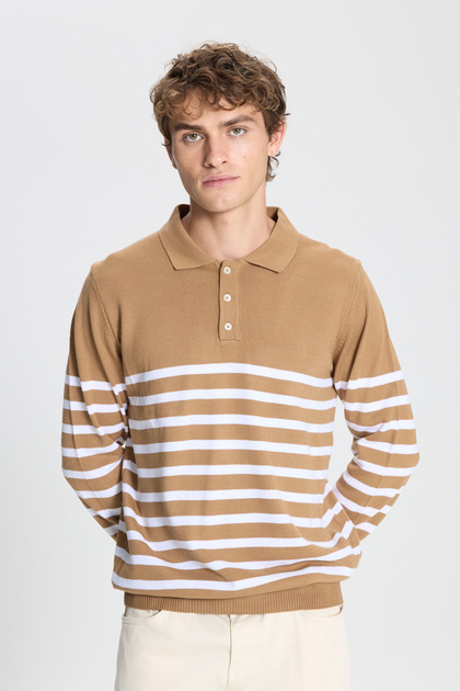 Pánský proužkovaný úpletový svetr VIZON-EKRU Standard Fit Regular Cut Polo Límec
