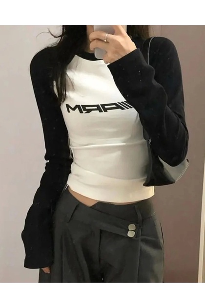 Harajuku Y2K Black Raglan Sleeve Racing Arm White T-Shirt