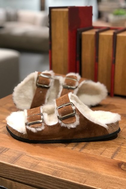 Cork Sole Unisex Furry Suede Slippers