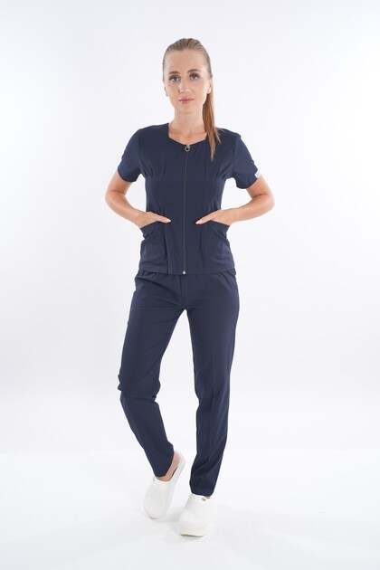 Set uniformă chirurgicală medic/asistentă, model Lily, cu fermoar, bleumarin, lycra moale