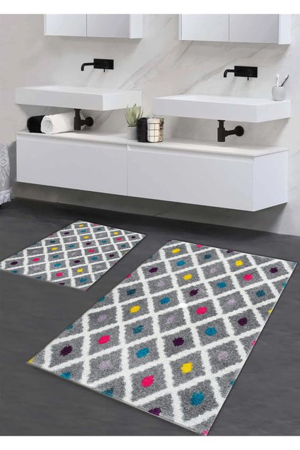 Washable Non-Slip Cotton Woven Base Geometric Pattern 60x100-50x60 2-Piece Bath Mat Toilet Seat Set