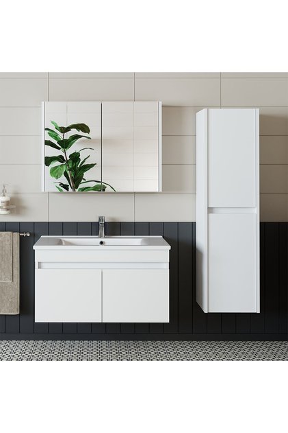 Roomart Tm3 Ayaksız 2 Kapaklı Lavabolu Beyaz Mdf 85 Cm Banyo Dolabı Aynalı Üst Dolap Boy Dolabı