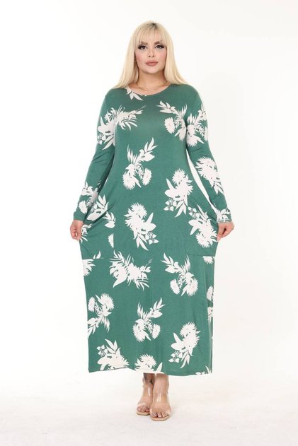 Long Sleeve Maxi Length Hijab Suitable Pocket Patterned Women's Large Size Viscose Combed Cotton Dress