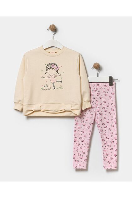 Girl's Floral Sweatshirt and Leggings Cotton Top and Bottom Set Powder