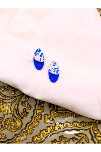 Custom Designed, Handmade Polymer Clay Navy Blue Tile Patterned Floral Earrings, Handmade