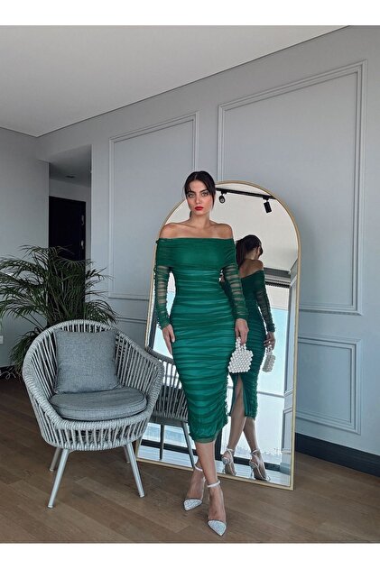 Afi Butik Green Tulle Draped Boat Neck Dress- Trendyol