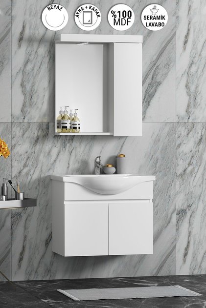 Yıldız 55 cm Beyaz MDF Seramik Lavabolu Asma Banyo Dolabı Takımı